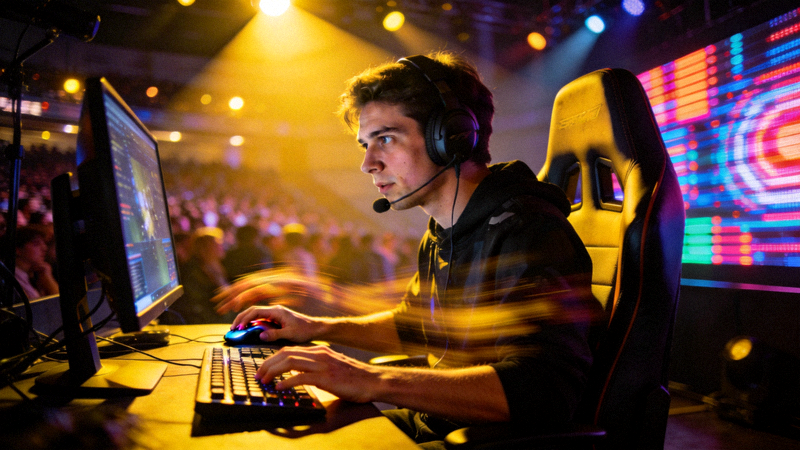 电竞比赛现场，选手在聚光灯下专注操作的场景