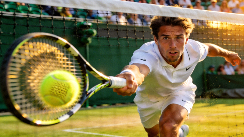 网球比赛现场，选手挥拍击球的精彩瞬间